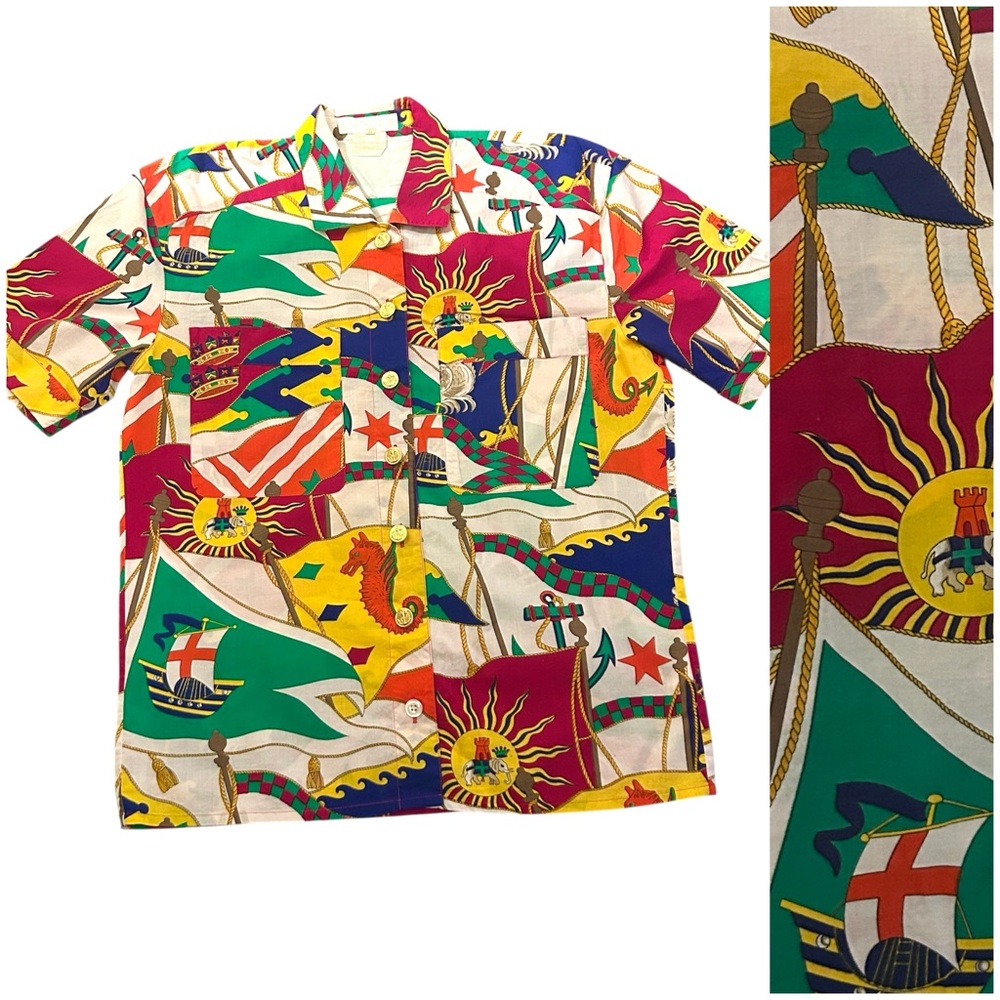 80s 90s Vintage ESCADA Colorful Nautical Flag Equestrian Print Button Up Shirt
